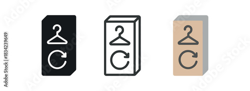 rental box icons three slim box silhouettes with hanger symbol and arrow loop one flat solid monochrome one thin black outline black and white one full color flat icon clay and soft gray
