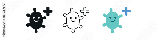 probiotic icons three icons with friendly microbe shapes and plus sign one flat solid monochrome one thin black outline black and white one full color flat icon mint and blue