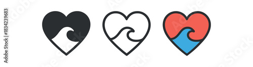 omega heart icons three icons with heart and tiny wave inside one flat solid monochrome one thin black outline black and white one full color flat icon with blue wave and red heart