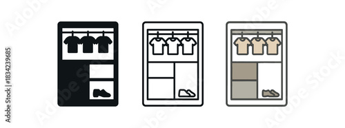 wardrobe map icons three closet layout silhouettes with small zone blocks for tops bottoms and shoes one flat solid monochrome one thin black outline black and white one full color flat