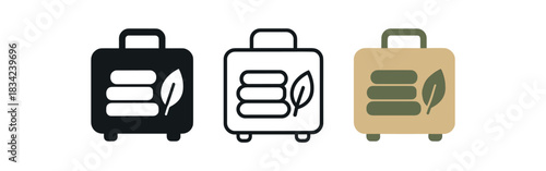 conscious packing icons three suitcase silhouettes with folded capsule pieces and leaf one flat solid monochrome one thin black outline black and white one full color flat icon sand and