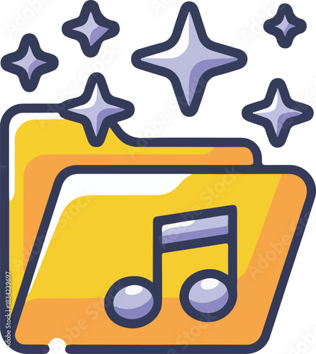 Clean yellow folder vector icon with a musical note and sparkling stars indicating well-organized audio content