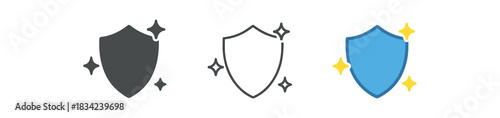 immune support icons three icons with shield and tiny sparkles around one flat solid monochrome one thin black outline black and white one full color flat icon blue with stars