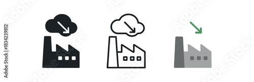 low carbon icons three icons with small factory outline and thin cloud shrinking arrow one flat solid monochrome one thin black outline black and white one full color flat icon with gray