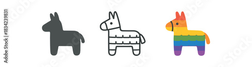 piñata icons three animalshaped piñata silhouettes with segmented pattern one flat solid monochrome one thin black outline black and white one full color flat icon rainbow colors