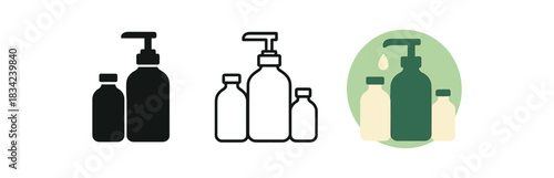 refill station icons three bottle jar and dispenser silhouettes one flat solid monochrome one thin black outline black and white one full color flat icon green and cream