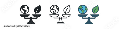 carbon neutral icons three icons with balanced scale earth on one side and leaf on other one flat solid monochrome one thin black outline black and white one full color flat icon blue and