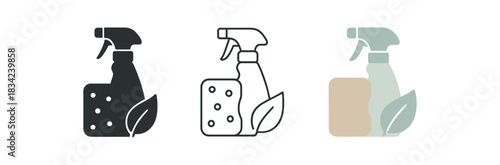 eco cleaning icons three spray bottle sponge and leaf silhouettes one flat solid monochrome one thin black outline black and white one full color flat icon mint and neutral tones