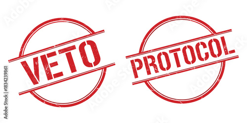 Veto and protocol round stamps vector. Red grunge circular rubber labels vector