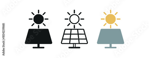 solar only icons three icons with stylized sun over grid one flat solid monochrome one thin black outline black and white one full color flat icon golden and soft blue