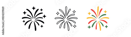 fiesta fireworks icons three explosion silhouettes with spark rays one flat solid monochrome one thin black outline black and white one full color flat icon red and green