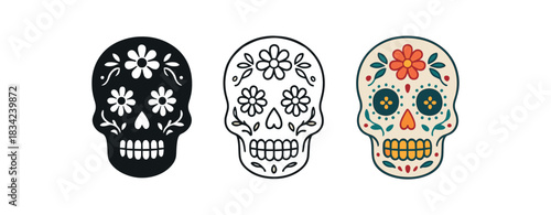 mexican skull icons three sugar skull silhouettes with floral elements one flat solid monochrome one thin black outline black and white one full color flat icon colorful folk palette