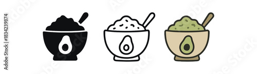 guacamole dip icons three bowl icons with spoon and small avocado shape one flat solid monochrome one thin black outline black and white one full color flat icon light green and beige