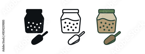 bulk shop icons three dispenser jar and scoop silhouettes one flat solid monochrome one thin black outline black and white one full color flat icon neutral green and brown