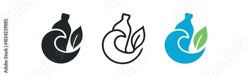 plastic free ocean icons three icons with wave and bottle silhouette fading into leaf one flat solid monochrome one thin black outline black and white one full color flat icon blue and green