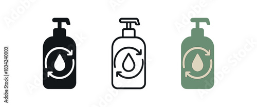 eco refill bottle icons three bottle silhouettes with droplet and circular arrow one flat solid monochrome one thin black outline black and white one full color flat icon green and beige