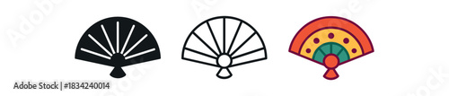 fiesta fan icons three folded hand fan silhouettes with small pattern one flat solid monochrome one thin black outline black and white one full color flat icon festive color palette