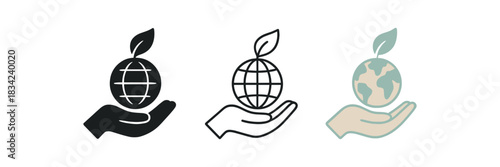 sustainable habits icons three hand globe and leaf silhouettes one flat solid monochrome one thin black outline black and white one full color flat icon mint and sand