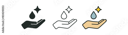 gentle formula icons three icons with open palm holding tiny droplet and one flat solid monochrome one thin black outline black and white one full color flat icon beige blue and