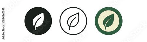 eco badge leaf icons three icons with circular badge and leaf center one flat solid monochrome one thin black outline black and white one full color flat icon green with soft cream center