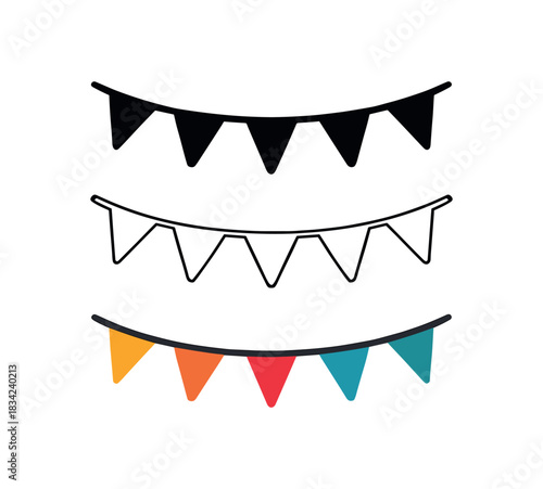 fiesta bunting icons three string garland silhouettes with small triangle flags one flat solid monochrome one thin black outline black and white one full color flat icon mixed bright colors