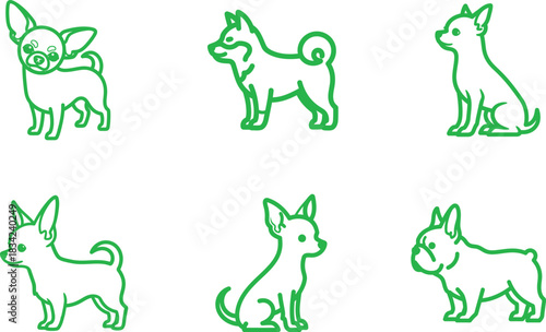 Minimalist Dog Breed Outline Icons Set Featuring Chihuahua Shiba Inu and French Bulldog Posing on a White Background Perfect for Pet Related Designs