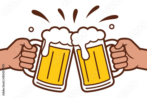 Two hands clink beer mugs together in a toast to celebrate a special occasion.