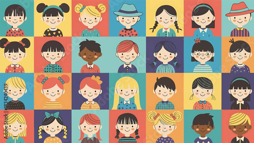 Cartoon children faces in rowsandcolumns on colorful square backgrounds art illustration