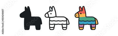 piñata icons three piñata silhouettes with simple segment pattern one flat solid monochrome one thin black outline black and white one full color flat icon rainbow fiesta palette