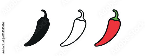 chili pepper icons three chili silhouettes slightly different curves one flat solid monochrome one thin black outline black and white one full color flat icon red and green