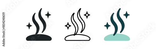 odor control icons three icons with swirl lines and tiny one flat solid monochrome one thin black outline black and white one full color flat icon blue and mint