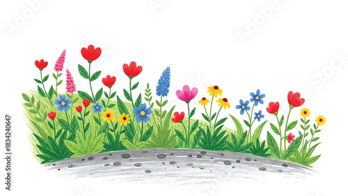 Cartoon wildflowers blooming in a colorful meadow with gravel path illustration