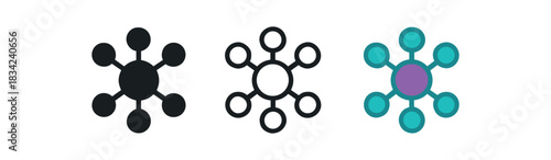 enzyme power icons three icons with small cluster of circles around central dot like molecule one flat solid monochrome one thin black outline black and white one full color flat icon teal