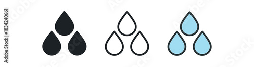 soft water icons three icons with triple droplet arranged triangle one flat solid monochrome one thin black outline black and white one full color flat icon pale blue