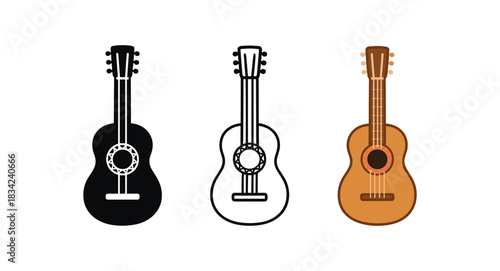 mexican guitar icons three small guitar silhouettes with sound hole and simple pattern one flat solid monochrome one thin black outline black and white one full color flat icon warm wood