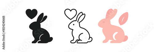 cruelty free icons three rabbit heart and leaf silhouettes one flat solid monochrome one thin black outline black and white one full color flat icon pink and ivory