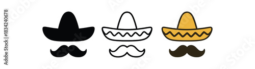 fiesta hat and mustache icons three grouped sombrero and mustache silhouettes one flat solid monochrome one thin black outline black and white one full color flat icon and dark brown