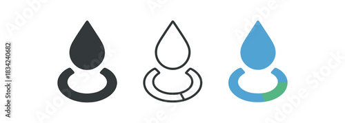 water saving icons three icons with water drop and segmented ring showing reduced level one flat solid monochrome one thin black outline black and white one full color flat icon blue with