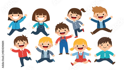 Cheerful cartoon children characters jumping and waving isolated on transparent background illustration