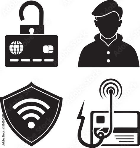 Black fraud prevention icon set featuring identity theft silhouette, credit card lock, scam call alert, and phishing hook on pure white background