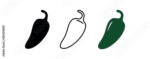 jalapeño icons three short pepper silhouettes with different tilt one flat solid monochrome one thin black outline black and white one full color flat icon deep green