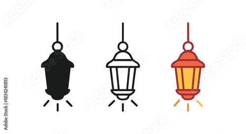 fiesta street lantern icons three hanging lantern silhouettes with small light lines one flat solid monochrome one thin black outline black and white one full color flat icon warm and red