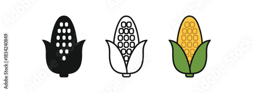 corn on cob icons three corn silhouettes with simple kernel pattern one flat solid monochrome one thin black outline black and white one full color flat icon and green