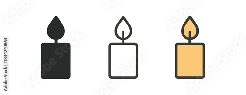 candle icons three rounded candle and flame icons one flat solid monochrome one thin black outline black and white one full color flat icon warm and sand