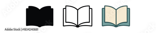 book reading icons three open book emblem icons one flat solid monochrome one thin black outline black and white one full color flat icon with soft cream pages and muted cover