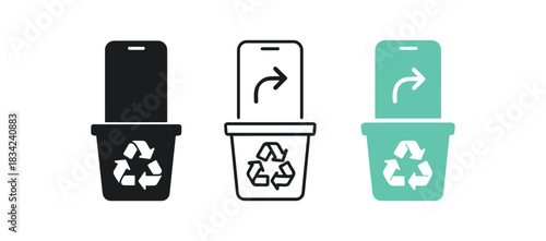 smart recycling icons three bin phone and arrow silhouettes one flat solid monochrome one thin black outline black and white one full color flat icon mint and white