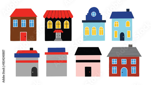 Cute cartoon houses in various colors isolated on a transparent background vector
