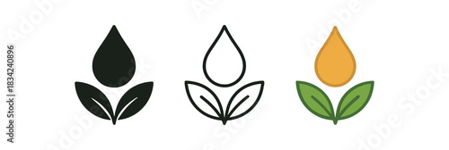 essential oil icons three droplet over tiny leaf icons one flat solid monochrome one thin black outline black and white one full color flat icon amber and green