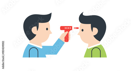 Doctor examining patients eye with otoscope in medical checkup.