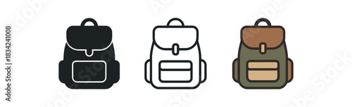 travel backpack icons three backpack silhouettes with front pocket and straps one flat solid monochrome one thin black outline black and white one full color flat icon earthy outdoor colors